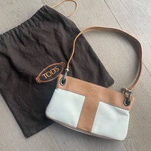 Tod's Mini Handbag, Tan/Cream Canvas and Leather Shoulder Purse, Ecru White